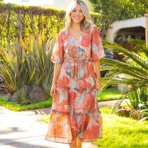 Tiered Midi Dress Terracotta/Peach/Sage Leaf Print Design Size XL/1X NWT